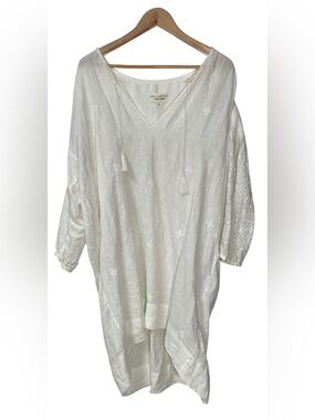 Nili Lotan Dress Coverup Tunic Medium Linen Embroidered Boho Coastal Beach White